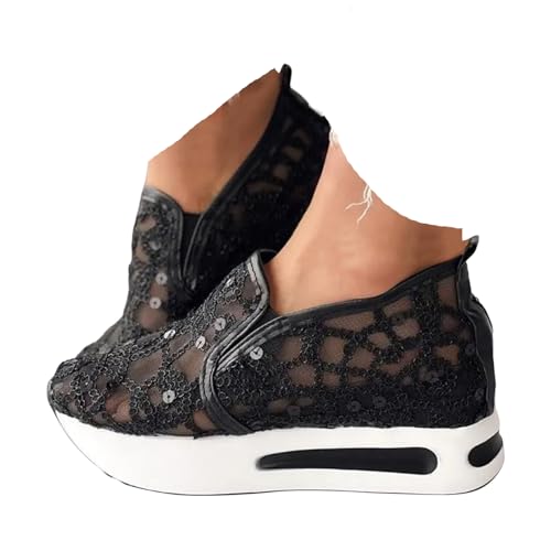 VBEDKDEB Sneaker Damen Weiß Sommer Leicht Weich Weisse Sneakers Schwarz Lässige Flache Schuhe Modische Atmungsaktiv Turnschuhe Trachtenschuhe Brautschuhe mit Spitze Bestickt (40) von VBEDKDEB
