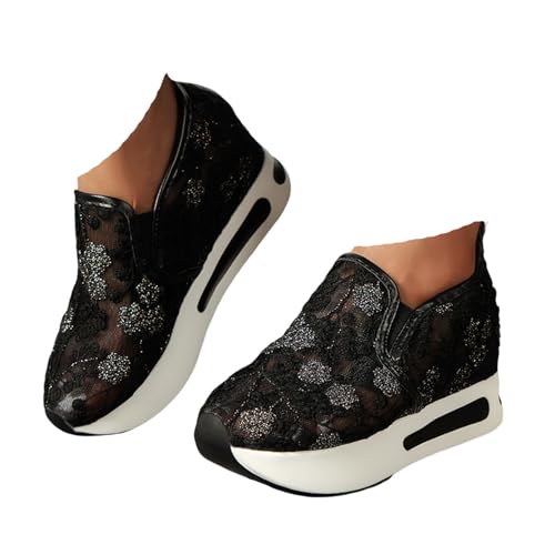VBEDKDEB Sneaker Damen Weiß Sommer Leicht Weich Weisse Sneakers Schwarz Lässige Flache Schuhe Modische Atmungsaktiv Turnschuhe Trachtenschuhe Brautschuhe mit Spitze Bestickt (40.5) von VBEDKDEB