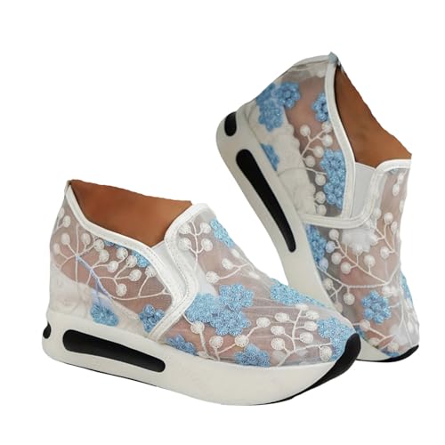 VBEDKDEB Sneaker Damen Weiß Sommer Leicht Weich Weisse Sneakers Schwarz Lässige Flache Schuhe Modische Atmungsaktiv Turnschuhe Trachtenschuhe Brautschuhe mit Spitze Bestickt (X-10-Blue, 38.5) von VBEDKDEB