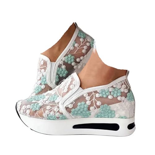 VBEDKDEB Sneaker Damen Weiß Sommer Leicht Weich Weisse Sneakers Schwarz Lässige Flache Schuhe Modische Atmungsaktiv Turnschuhe Trachtenschuhe Brautschuhe mit Spitze Bestickt (X-11-Green, 39) von VBEDKDEB