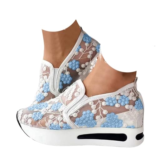 VBEDKDEB Sneaker Damen Weiß Sommer Leicht Weich Weisse Sneakers Schwarz Lässige Flache Schuhe Modische Atmungsaktiv Turnschuhe Trachtenschuhe Brautschuhe mit Spitze Bestickt (X-12-Blue, 39) von VBEDKDEB