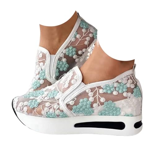 VBEDKDEB Sneaker Damen Weiß Sommer Leicht Weich Weisse Sneakers Schwarz Lässige Flache Schuhe Modische Atmungsaktiv Turnschuhe Trachtenschuhe Brautschuhe mit Spitze Bestickt (X-12-Green, 39) von VBEDKDEB