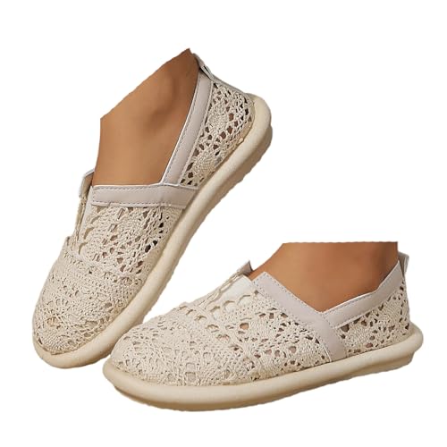 VBEDKDEB Sneaker Damen Weiß Sommer Leicht Weich Weisse Sneakers Schwarz Lässige Flache Schuhe Modische Atmungsaktiv Turnschuhe Trachtenschuhe Brautschuhe mit Spitze Bestickt (X-2-Beige, 37.5) von VBEDKDEB