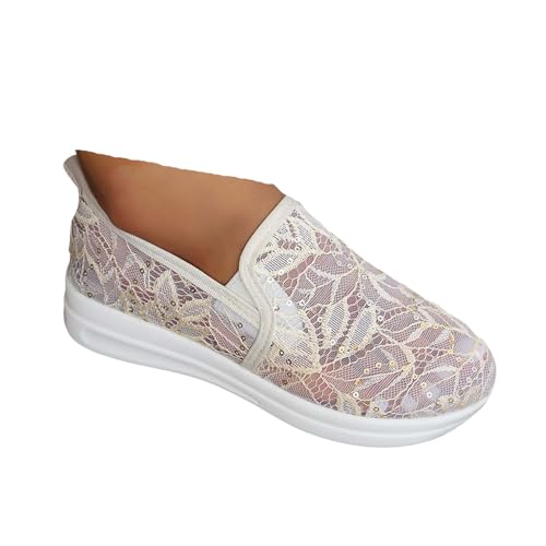 VBEDKDEB Sneaker Damen Weiß Sommer Leicht Weich Weisse Sneakers Schwarz Lässige Flache Schuhe Modische Atmungsaktiv Turnschuhe Trachtenschuhe Brautschuhe mit Spitze Bestickt (X-4-White, 37.5) von VBEDKDEB