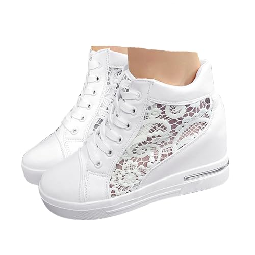 VBEDKDEB Sneaker Damen Weiß Sommer Leicht Weich Weisse Sneakers Schwarz Lässige Flache Schuhe Modische Atmungsaktiv Turnschuhe Trachtenschuhe Brautschuhe mit Spitze Bestickt (X-5-White, 37.5) von VBEDKDEB