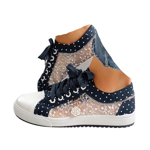 VBEDKDEB Sneaker Damen Weiß Sommer Leicht Weich Weisse Sneakers Schwarz Lässige Flache Schuhe Modische Atmungsaktiv Turnschuhe Trachtenschuhe Brautschuhe mit Spitze Bestickt (X-6-DP, 37.5) von VBEDKDEB