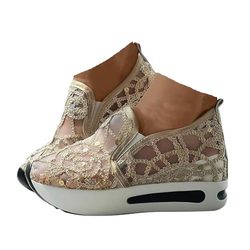 VBEDKDEB Sneaker Damen Weiß Sommer Leicht Weich Weisse Sneakers Schwarz Lässige Flache Schuhe Modische Atmungsaktiv Turnschuhe Trachtenschuhe Brautschuhe mit Spitze Bestickt (X-7-Gold, 40) von VBEDKDEB