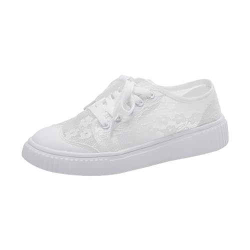 VBEDKDEB Sneaker Damen Weiß Elegante Braut Sneakers Brautschuhe Sommer Atmungsaktiv Spitze Freizeitschuhe Weisse Schwarz Trachtenschuhe Flache Trachten Schuhe Leicht Turnschuhe (X-1-White, 40) von VBEDKDEB