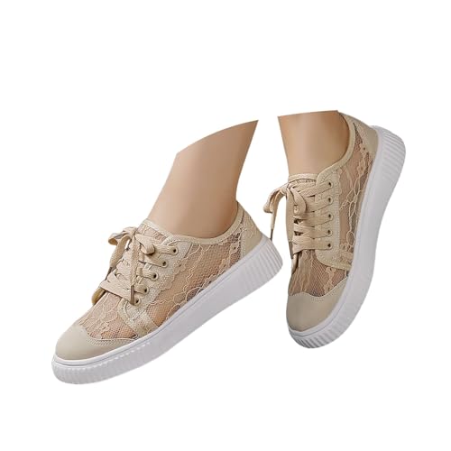 VBEDKDEB Sneaker Damen Weiß Sommer Leicht Weich Weisse Sneakers Schwarz Lässige Flache Schuhe Modische Atmungsaktiv Turnschuhe Trachtenschuhe Brautschuhe mit Spitze Bestickt (X-1-Khaki, 40.5) von VBEDKDEB