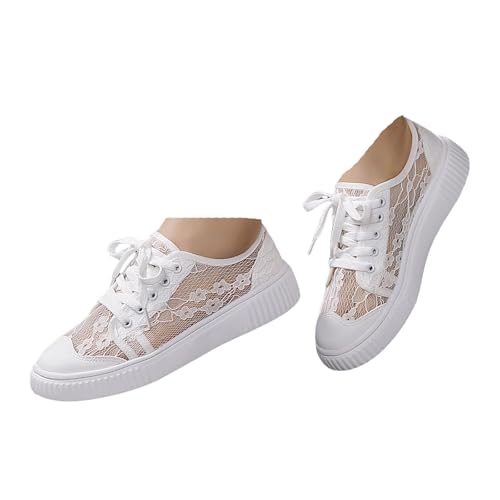 VBEDKDEB Sneaker Damen Weiß Sommer Leicht Weich Weisse Sneakers Schwarz Lässige Flache Schuhe Modische Atmungsaktiv Turnschuhe Trachtenschuhe Brautschuhe mit Spitze Bestickt (X-1-White, 39) von VBEDKDEB