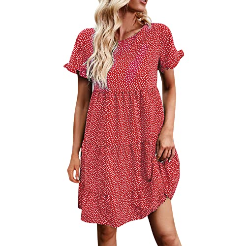 VBEDKDEB Sommerkleid Damen, Lässig Polka Dot Strandkleid Damen, Damen Kleider Sommer Casual Rundhals Kurzarm Flowy Lose Minikleid Freizeitkleid von VBEDKDEB