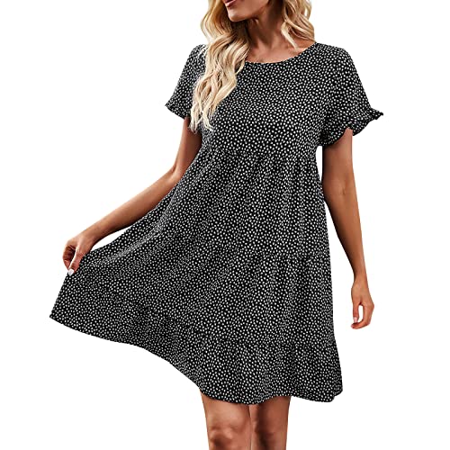 VBEDKDEB Sommerkleid Damen, Lässig Polka Dot Strandkleid Damen, Damen Kleider Sommer Casual Rundhals Kurzarm Flowy Lose Minikleid Freizeitkleid von VBEDKDEB