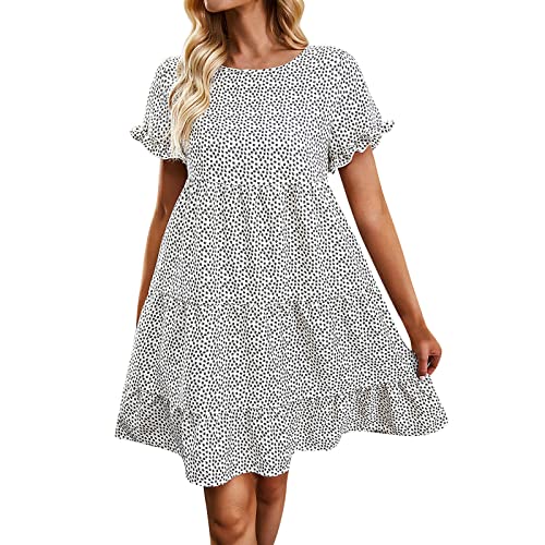 VBEDKDEB Sommerkleid Damen, Lässig Polka Dot Strandkleid Damen, Damen Kleider Sommer Casual Rundhals Kurzarm Flowy Lose Minikleid Freizeitkleid von VBEDKDEB