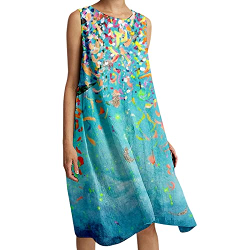 VBEDKDEB Sommerkleid Damen, Lässig Strandkleid Damen, Kleider Damen Sommer Lose Casual Flowy Rundhalsausschnitt Ärmellose Knielang Kleid von VBEDKDEB