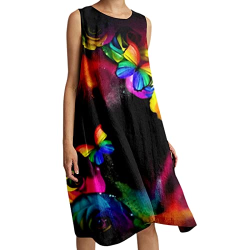 VBEDKDEB Sommerkleid Damen, Lässig Strandkleid Damen, Kleider Damen Sommer Lose Casual Flowy Rundhalsausschnitt Ärmellose Knielang Kleid von VBEDKDEB