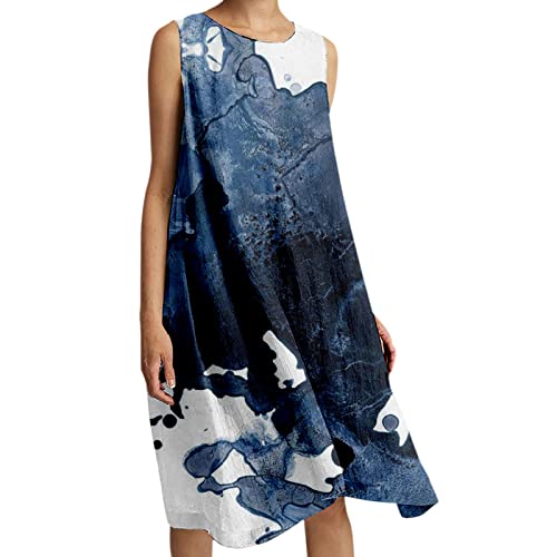 VBEDKDEB Sommerkleid Damen, Lässig Strandkleid Damen, Kleider Damen Sommer Lose Casual Flowy Rundhalsausschnitt Ärmellose Knielang Kleid von VBEDKDEB