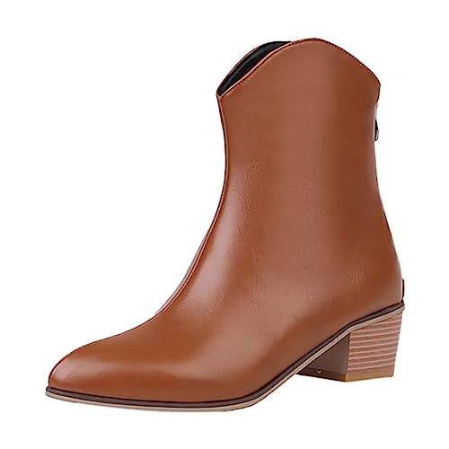 VBEDKDEB Stiefeletten Damen Stiefel Ankle Boots 2023 Weibliche Koreanische Dick Mit Hoher Ferse Western Stiefel Einfarbig Große Größe Gummistiefel Damen Kurz (Brown, 39) von VBEDKDEB