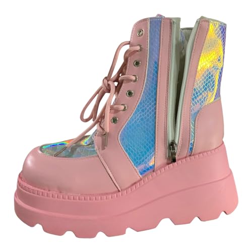 VBEDKDEB Stiefeletten Damen Stiefel Ankle Boots 2023 Winter Kurze Stiefel mit dickem Boden, blockierende Farbe, Schnürung in Europa den Vereinigten Staaten Gummistiefeletten Damen (Red, 42) von VBEDKDEB