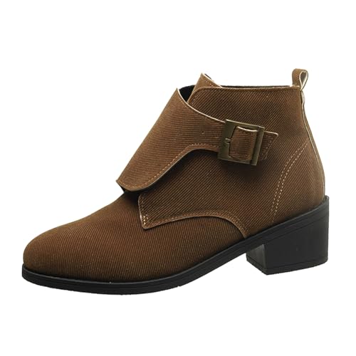 VBEDKDEB Stiefeletten Damen Stiefel Ankle Boots Britisches Canvas, Gürtelschnalle, spitzer, Dicker Absatz, Kurze Stiefeletten Mittelalter Schuhe Damen (Brown, 40) von VBEDKDEB