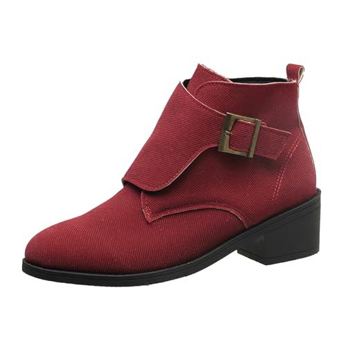 VBEDKDEB Stiefeletten Damen Stiefel Ankle Boots Britisches Canvas, Gürtelschnalle, spitzer, Dicker Absatz, Kurze Stiefeletten Mittelalter Schuhe Damen (Red, 37) von VBEDKDEB