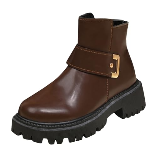 VBEDKDEB Stiefeletten Damen Stiefel Ankle Boots Damen Casual Vintage Kalt Warm Leder Seitlicher Reißverschluss Dicke Sohle Weiche Leder Stiefeletten Dirndlschuhe (Coffee, 38) von VBEDKDEB