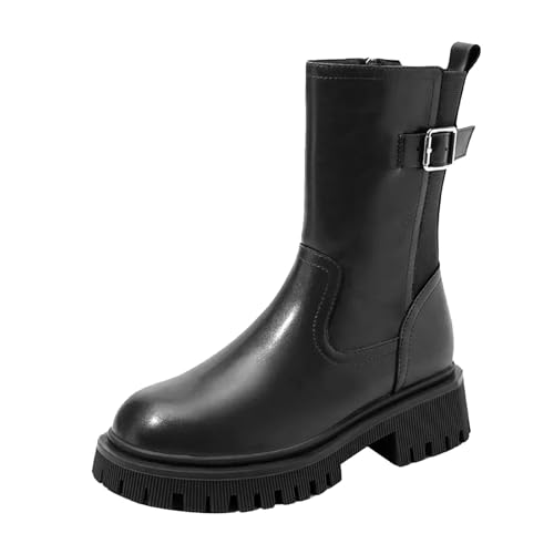VBEDKDEB Stiefeletten Damen Stiefel Ankle Boots Damen Motorradstiefel mit Dicker Sohle und mittlerem Zylinder, Reißverschluss, geeignet für Herbst und Winter Schwarze Stiefeletten (38) von VBEDKDEB