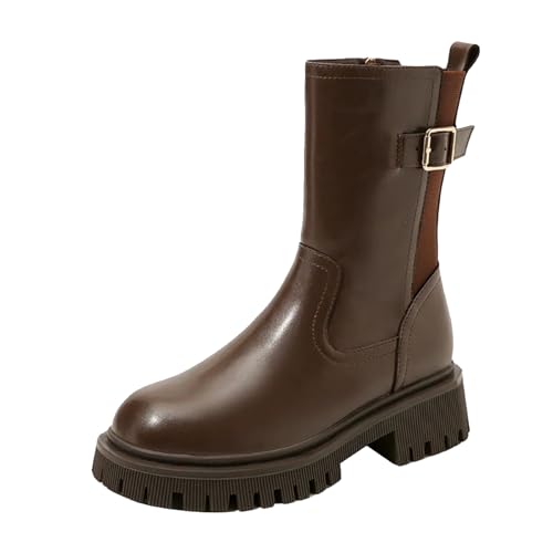 VBEDKDEB Stiefeletten Damen Stiefel Ankle Boots Damen Motorradstiefel mit Dicker Sohle und mittlerem Zylinder, Reißverschluss, geeignet für Herbst und Winter Schwarze Stiefeletten (Brown, 36) von VBEDKDEB