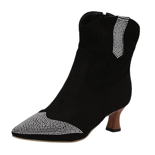 VBEDKDEB Stiefeletten Damen Stiefel Ankle Boots Damen Retro Solid Wildleder Strass Spitz Zehe Blockabsatz Modische Stiefeletten Stiefelette (40) von VBEDKDEB