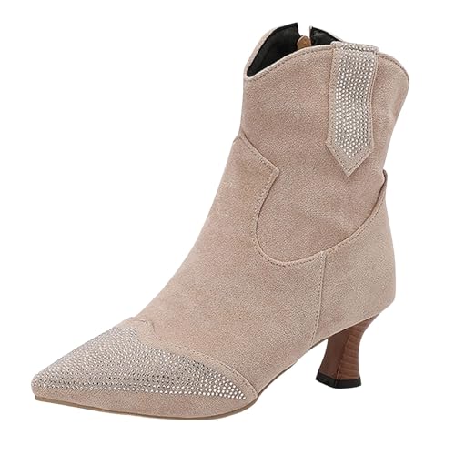 VBEDKDEB Stiefeletten Damen Stiefel Ankle Boots Damen Retro Solid Wildleder Strass Spitz Zehe Blockabsatz Modische Stiefeletten Stiefelette (Beige, 38) von VBEDKDEB