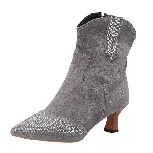 VBEDKDEB Stiefeletten Damen Stiefel Ankle Boots Damen Retro Solid Wildleder Strass Spitz Zehe Blockabsatz Modische Stiefeletten Stiefelette (Grey, 35) von VBEDKDEB
