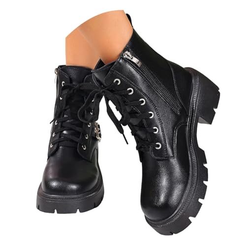 VBEDKDEB Stiefeletten Damen Stiefel Ankle Boots Damen Stiefeletten Modische Blockabsatz Schnürung Seitlicher Reißverschluss Runde Zehen Plateau Westernstiefel Echtes 22222 (39) von VBEDKDEB