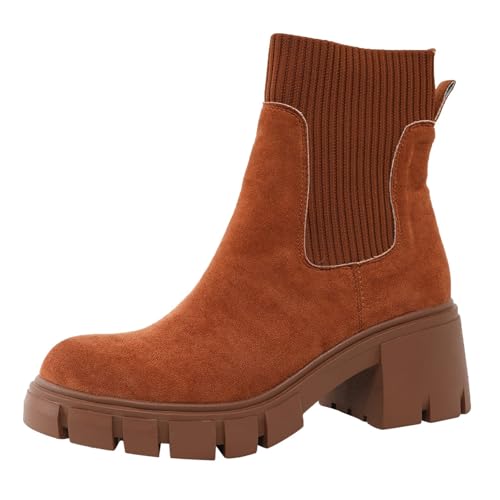 VBEDKDEB Stiefeletten Damen Stiefel Ankle Boots Damen Stiefeletten Modische Stiefel Reitstiefel Für Runde Zehenpartie Hoher Absatz Klobiger Absatz Schlupfschuhe Modische Schuhe Gummi Boot (Brown, 42) von VBEDKDEB