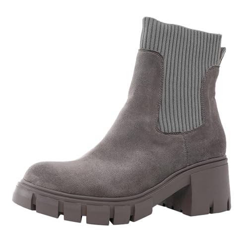 VBEDKDEB Stiefeletten Damen Stiefel Ankle Boots Damen Stiefeletten Modische Stiefel Reitstiefel Für Runde Zehenpartie Hoher Absatz Klobiger Absatz Schlupfschuhe Modische Schuhe Gummi Boot (Grey, 40) von VBEDKDEB
