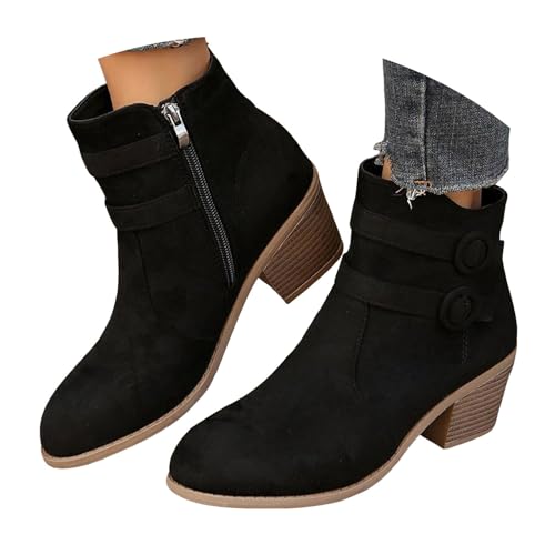 VBEDKDEB Stiefeletten Damen Stiefel Ankle Boots Damen Stiefeletten aus Wildleder mit klobigem Absatz, Gürtel und seitlichem Reißverschluss bis zur Mitte der Wade Damenstiefeletten (42) von VBEDKDEB
