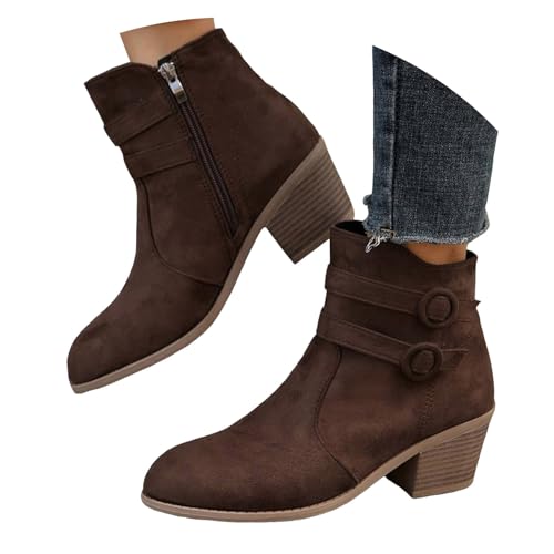 VBEDKDEB Stiefeletten Damen Stiefel Ankle Boots Damen Stiefeletten aus Wildleder mit klobigem Absatz, Gürtel und seitlichem Reißverschluss bis zur Mitte der Wade Damenstiefeletten (Brown, 40) von VBEDKDEB