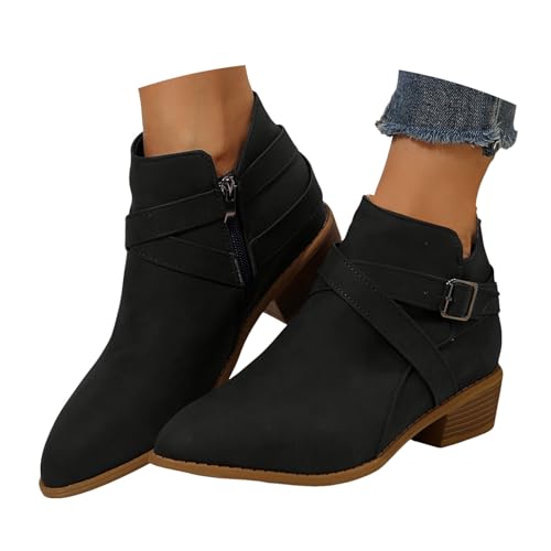 VBEDKDEB Stiefeletten Damen Stiefel Ankle Boots Damen Stiefeletten aus Wildleder mit spitzer Zehenpartie, modischem Blockabsatz, Gürtel und seitlichem Reißverschluss (37) von VBEDKDEB