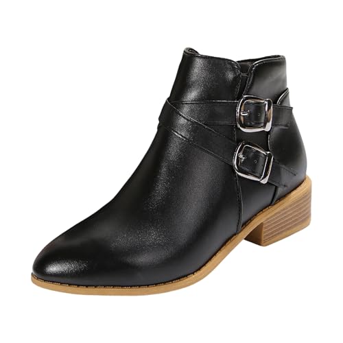 VBEDKDEB Stiefeletten Damen Stiefel Ankle Boots Damen Stiefeletten aus Wildleder mit spitzer Zehenpartie, modischem Blockabsatz, Gürtel und seitlichem Reißverschluss (43) von VBEDKDEB