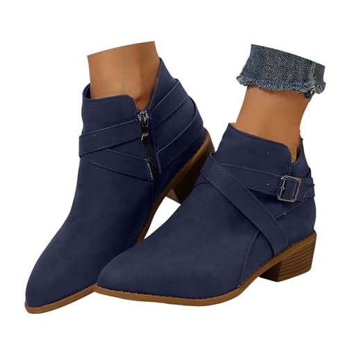 VBEDKDEB Stiefeletten Damen Stiefel Ankle Boots Damen Stiefeletten aus Wildleder mit spitzer Zehenpartie, modischem Blockabsatz, Gürtel und seitlichem Reißverschluss (Blue, 40) von VBEDKDEB