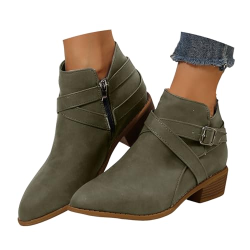 VBEDKDEB Stiefeletten Damen Stiefel Ankle Boots Damen Stiefeletten aus Wildleder mit spitzer Zehenpartie, modischem Blockabsatz, Gürtel und seitlichem Reißverschluss (Green, 43) von VBEDKDEB