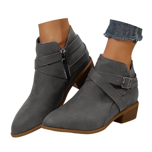 VBEDKDEB Stiefeletten Damen Stiefel Ankle Boots Damen Stiefeletten aus Wildleder mit spitzer Zehenpartie, modischem Blockabsatz, Gürtel und seitlichem Reißverschluss (Grey, 41) von VBEDKDEB