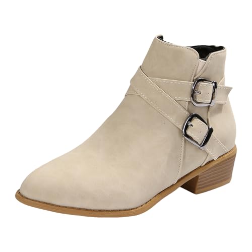 VBEDKDEB Stiefeletten Damen Stiefel Ankle Boots Damen Stiefeletten aus Wildleder mit spitzer Zehenpartie, modischem Blockabsatz, Gürtel und seitlichem Reißverschluss (White, 38) von VBEDKDEB