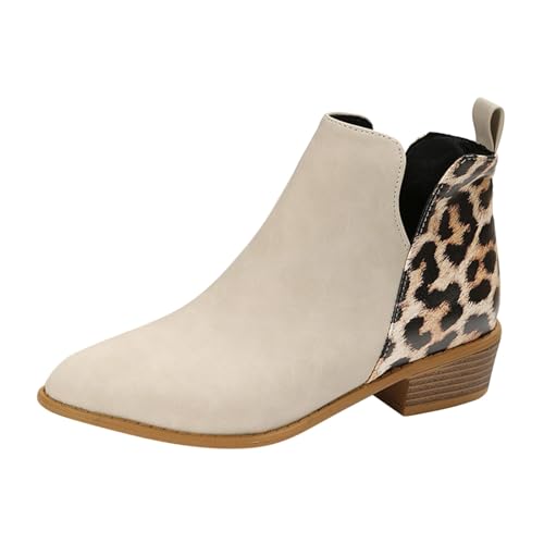 VBEDKDEB Stiefeletten Damen Stiefel Ankle Boots Damen Stiefeletten im Retro Stil, strukturiertes Leder, Spitze Zehenpartie, seitlicher Reißverschluss, Dicker Absatz Kurze Gummistiefel (White, 41) von VBEDKDEB