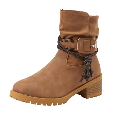 VBEDKDEB Stiefeletten Damen Stiefel Ankle Boots Damen Stiefeletten mit Absatz, modische runde Zehenpartie, klobiger Blockabsatz, seitlicher Reißverschluss, Kurze Booties Plateau Stiefel (Brown, 40) von VBEDKDEB