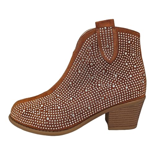 VBEDKDEB Stiefeletten Damen Stiefel Ankle Boots Damen Stiefeletten mit Blockabsatz, modisch, glänzend, mit Reißverschluss, kurz, lässig, klassisch, modisch Plateau Stiefel (Brown, 41) von VBEDKDEB