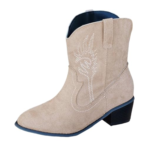 VBEDKDEB Stiefeletten Damen Stiefel Ankle Boots Damen Stiefeletten mit Blockabsatz, spitzer Zehenpartie und niedrigem Schnitt, Bestickt, modisch, Western Cowboy Mit Absatz (Beige, 37) von VBEDKDEB