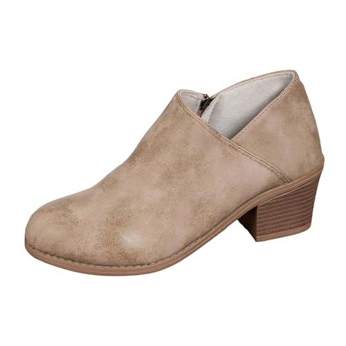 VBEDKDEB Stiefeletten Damen Stiefel Ankle Boots Damen Stiefeletten mit dickem, niedrigem Absatz, modische mit runder Zehenpartie Gummistiefel Festival (Khaki, 40) von VBEDKDEB