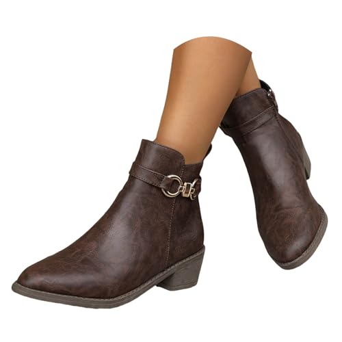 VBEDKDEB Stiefeletten Damen Stiefel Ankle Boots Damen Stiefeletten mit klobigem, niedrigem Absatz, bequemen kurzen Stiefeln mit runder Zehenpartie Regenschuhe (Coffee, 40) von VBEDKDEB