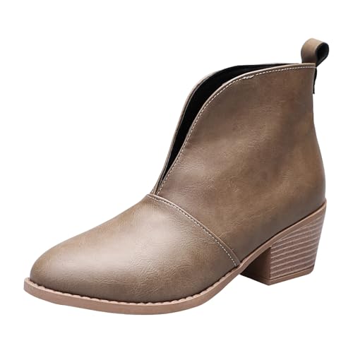VBEDKDEB Stiefeletten Damen Stiefel Ankle Boots Damen Stiefeletten mit klobigem Absatz spitzer Zehenpartie, modische lässige Slip On klassischem Schuhe Dirndl (Khaki, 41) von VBEDKDEB
