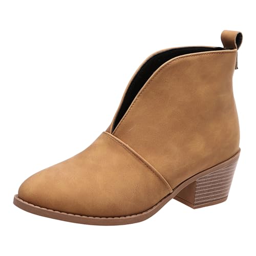 VBEDKDEB Stiefeletten Damen Stiefel Ankle Boots Damen Stiefeletten mit klobigem Absatz spitzer Zehenpartie, modische lässige Slip On klassischem Schuhe Dirndl (Yellow, 36) von VBEDKDEB
