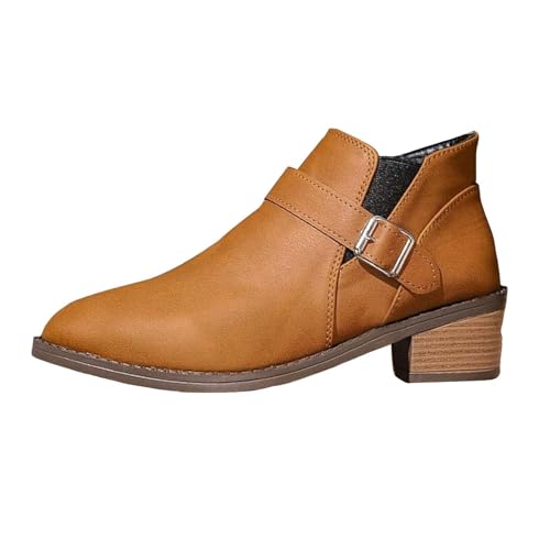 VBEDKDEB Stiefeletten Damen Stiefel Ankle Boots Damen Stiefeletten mit niedrigem Schaft, spitzer Zehenpartie und klobigem Absatz Gummistiefel Hoch (Brown, 38) von VBEDKDEB
